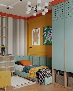 a bedroom with yellow walls and blue cabinets