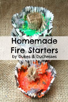 three cupcakes with the title homemade fire starterrs by dukes and ducheses