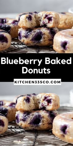 blueberry baked doughnuts stacked on top of each other with the words, blueberry baked donuts