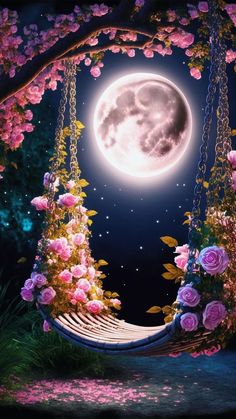 a full moon is seen in the sky above a hammock with pink flowers on it