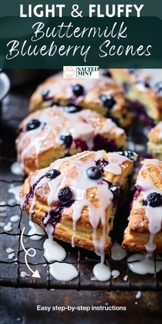 blueberry scones on a cooling rack with white icing