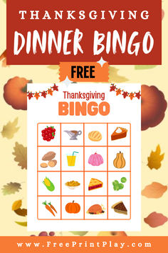 free thanksgiving dinner bingo card in front of pumpkins and leaves Bingo For Kids, Feast Mode, Printable Games For Kids, Bingo Set, Free Games For Kids, Holiday Activities For Kids, Friendsgiving Party