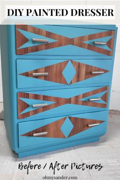 a blue and brown dresser sitting on top of a floor