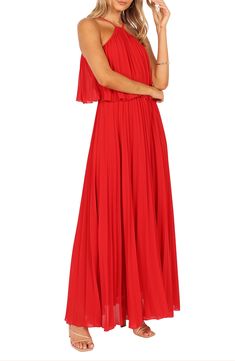 A drapey bodice brings flowy flair to this boldly pleated maxi dress that sways with each step you take. Adjustable back tie closure Jewel neck Sleeveless, with cutaway shoulders Lined 100% polyester Hand wash, dry flat Imported Chiffon Draped Maxi Dress For Evening, Evening Draped Chiffon Maxi Dress, Flowy Sleeveless Chiffon Dress For Gala, Flowy Chiffon Dress With Pleated Bodice For Evening, Flowy Chiffon Dress With Pleated Back, Chic Pleated Chiffon Maxi Dress, Pleated Chiffon Floor-length Maxi Dress, Floor-length Chiffon Pleated Maxi Dress, Floor-length Pleated Chiffon Maxi Dress