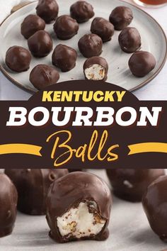 chocolate covered doughnuts on a plate with the words kentucky bourbon balls above them