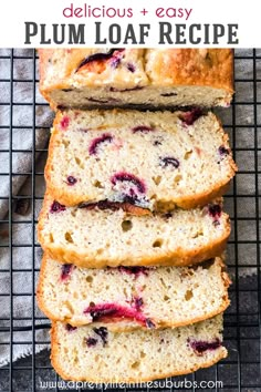 slices of lemon blueberry bread on a cooling rack with the text, delicious and easy plum loaf recipe