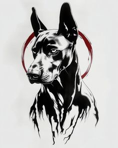 a black and white drawing of a dog's head with red circles around it