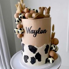 a cake decorated with black and white animal prints on top of a table next to a window