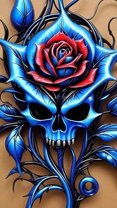 a blue and red skull with a rose on it