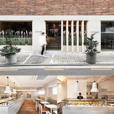 two pictures show the inside and outside of a restaurant, with people walking in it