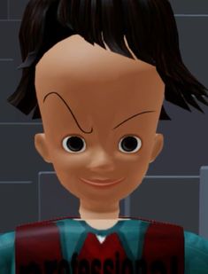 an animated image of a young boy with black hair and big eyes, wearing a shirt that says professional