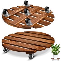 an image of a wooden table with wheels on the bottom and one wheel attached to it