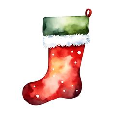 a watercolor christmas stocking with snow on it