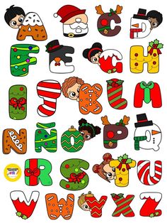 the letters and numbers are decorated with christmas themed characters, such as santa claus, snowman, elf, penguin, reindeer