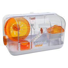 an orange and white hamster cage with wheels