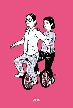 a man and woman riding on the back of a scooter with pink background