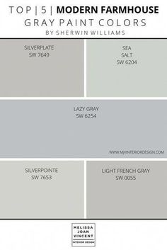 some gray paint colors with the words top 15 modern farmhouse house gray paint colors