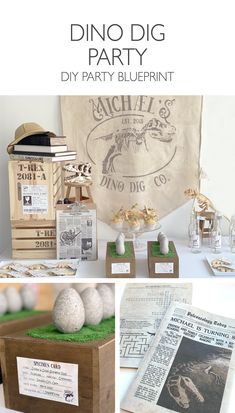 an image of a table with some items on it and the text dino dig party diy party blueprint