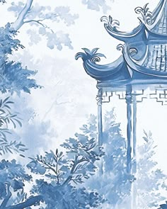 a blue and white drawing of a pagoda in the woods