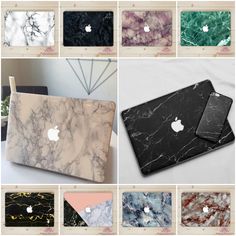 marble macbook pro case with apple logo on the front and side, all in different colors