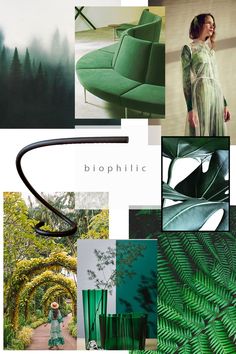 a collage of photos with green plants and trees in the background, including an image of a woman wearing a dress