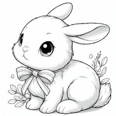 a drawing of a rabbit sitting on the ground with flowers and leaves around it's legs