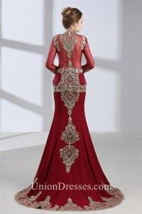 Mermaid Front Cut Out Burgundy Satin Gold Lace Evening Prom Dress With Cape Mermaid Formal Gowns, Long Sleeve Evening Gowns, Floor Length Prom Dresses, Long Sleeve Prom, Long Sleeve Evening Dresses, Dress With Lace