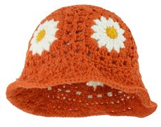 an orange crocheted hat with white and yellow flowers