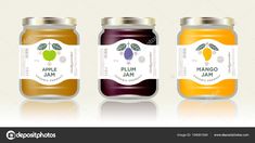 three jars of jam with labels for apple and plum jam on white background stock photo