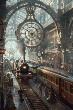 an old train station with people and trains on the tracks in front of large clocks