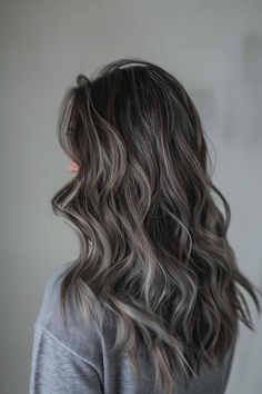 25%20Stunning%20Grey%20Hair%20Colors%20That%20Will%20Make%20You%20Look%20Fabulous%20This%202025 Dark Brunette Balayage Hair Ashy, Grey Hair Color Ideas For Brunettes, Ash Grey Highlights On Brown Hair, Grey Brown Hair Balayage, Brunette Grey Hair, Adding Dimension To Dark Brown Hair, Ash Hair Color Grey, Icy Babylights, Dark Hair Ash Highlights