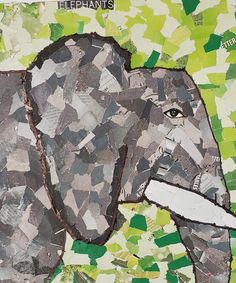 an elephant made out of newspaper pieces on a green and yellow background with the words elephants written in white