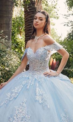 Long pastel tulle a-line quinceanera ball gown with off the shoulder straps and sequin details. Baby Blue Quinceanera Dresses, Baby Blue Quinceanera, Quinceanera Dresses Blue, Quince Dress, Formal Wear Dresses, Prom Designs, Quince Dresses, Designer Prom Dresses, Prom Girl