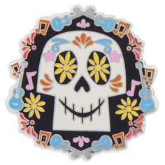 a white and black sugar skull with colorful flowers on it's head, sitting in front of a white background