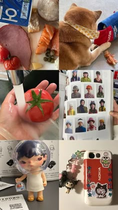 a collage of photos with food and toys on it, including a cell phone