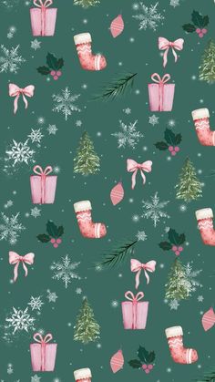 a christmas pattern with presents and stockings on green background for wallpaper or wrapping paper