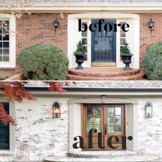 before and after shots of a brick house with the front door painted white to give it a new look