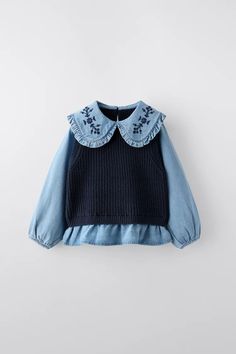 COMBINATION KNIT VEST AND SHIRT - Navy blue | ZARA United States Stylish Baby Girl Outfits, Stylish Baby Girls, Trench Coat Dress, Zara Portugal, Bib Collar, Cargo Shirts, Shirt Skirt, Knit Vest, Knit Shirt