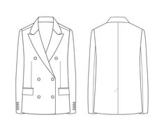 the front and back view of a jacket, with buttons on the lapel collar