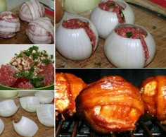 several different types of food being cooked on a grill and then put in the oven