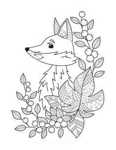 a fox with leaves and berries on it's head is shown in this coloring page