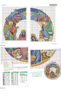 three cross stitch patterns with pictures of the birth of jesus and mary on them, all in different colors