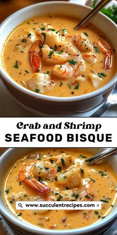 two pictures of shrimp and shrimp seafood bisque