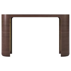 an art deco console table in walnut and brass with a curved top, designed by person