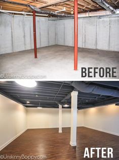 before and after photos of an unfinished basement remodel with wood flooring, exposed pipes, and white walls