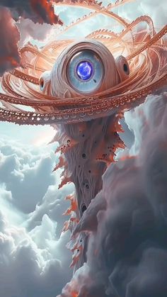 an eyeball floating in the sky surrounded by clouds