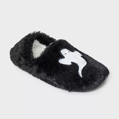 Women's Ghost Embroidered Halloween Faux Fur Pull-on Slipper Socks With Grippers - Hyde & Eek! Boutique™ Black/white S/m : Target Pajamas Target, Halloween Slippers, Embroidered Ghost, Embroidered Halloween, Target Halloween, Embroidered Slippers, Trip Outfits, Ghost Design, Round Toe Shoes