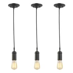 three lights that are hanging from the ceiling with one light on each side and one in the