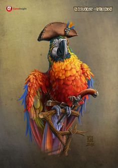 a painting of a colorful parrot with a pirate hat on its head sitting on a branch