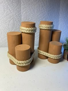 several wooden cylinders tied with rope on a table